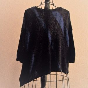 DKNY Black and Blue Bias Stripe Over Sized Sweater